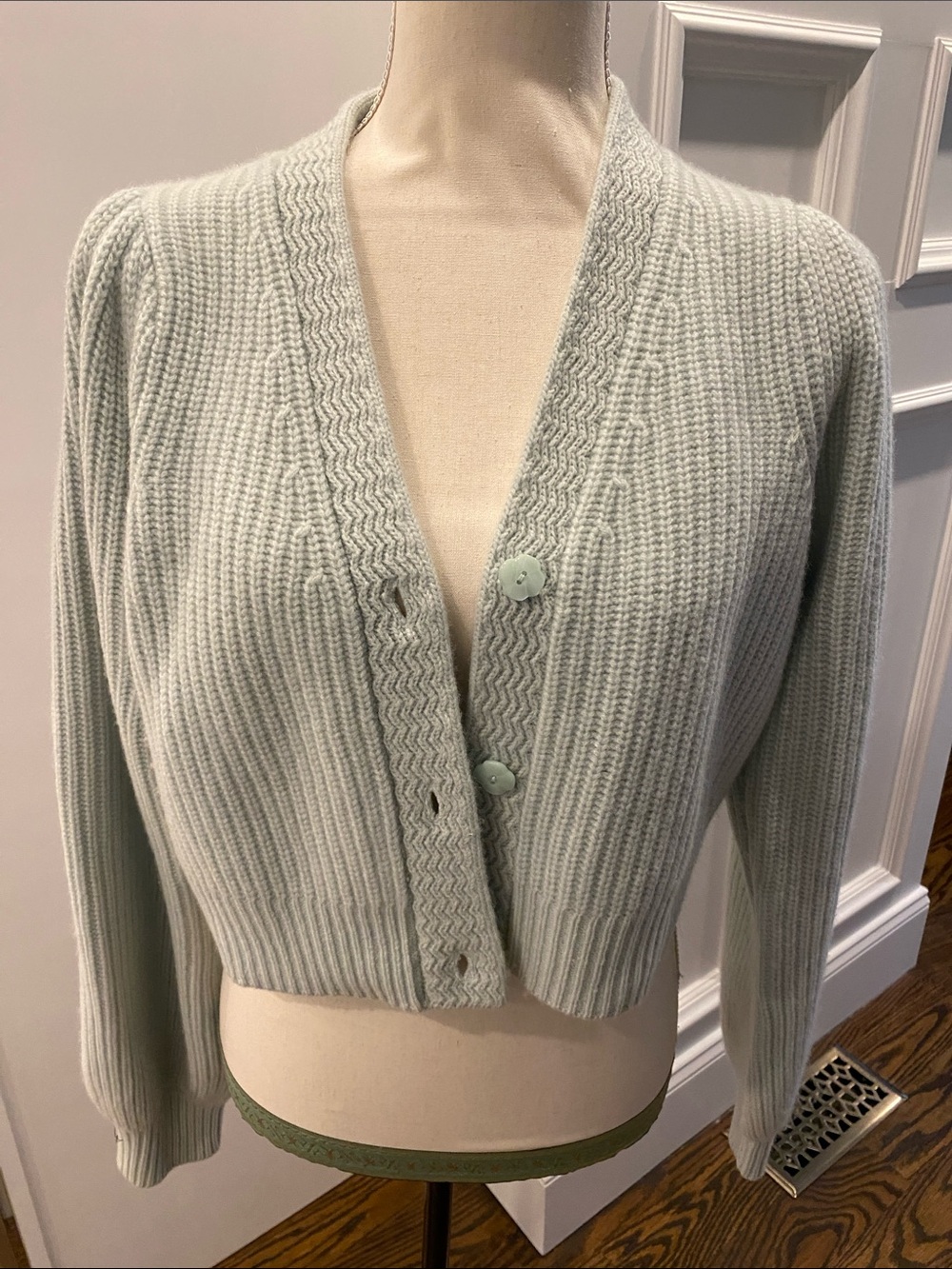 LoveShackFancy Mint Cropped Ribbed V-Neck Cardigan